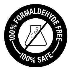 Two black circular labels with '100% Formaldehyde Free' and '100% Safe' text on a white background.