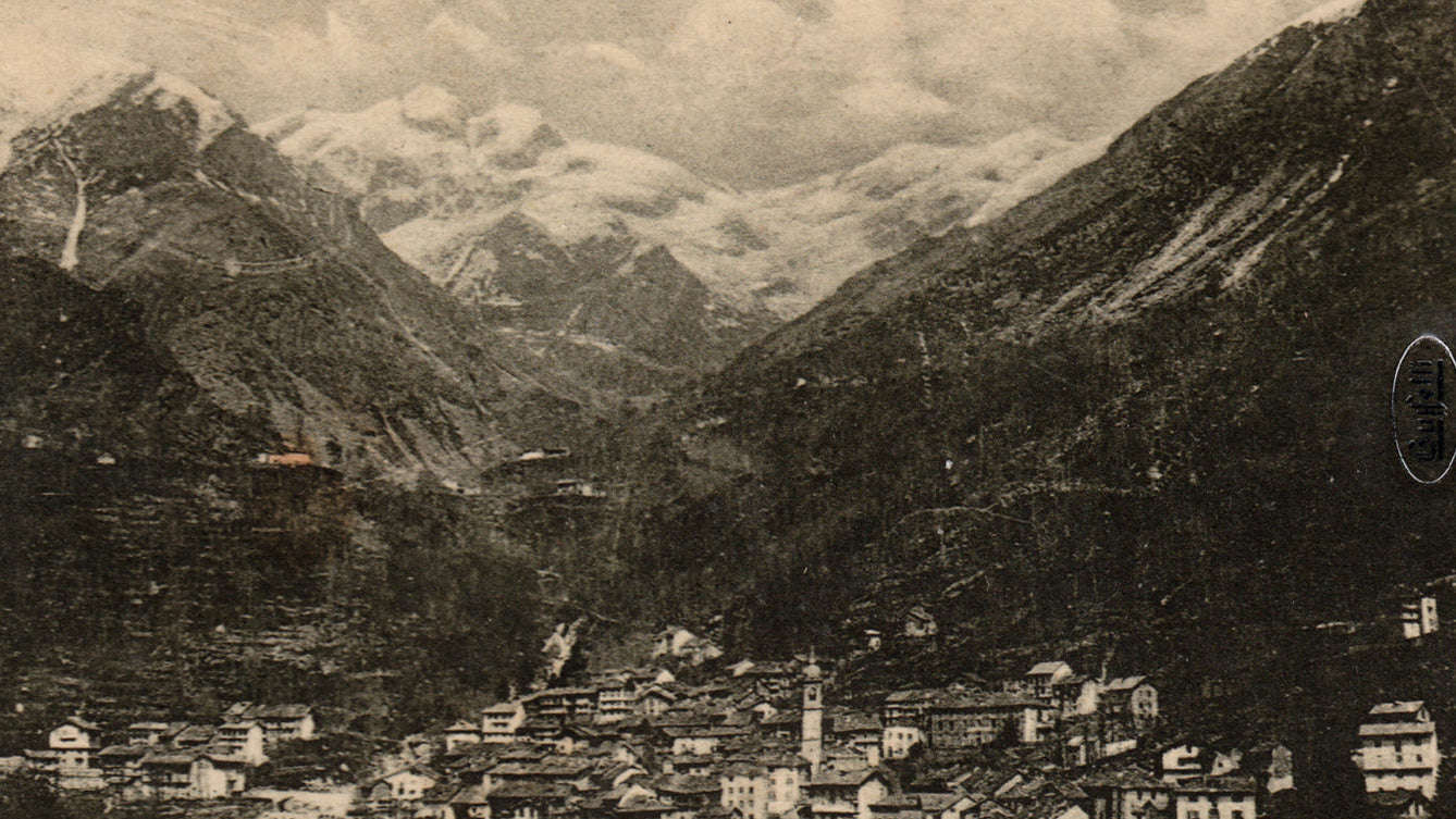 Vintage panoramic view of Piedicavallo with mountains in the background