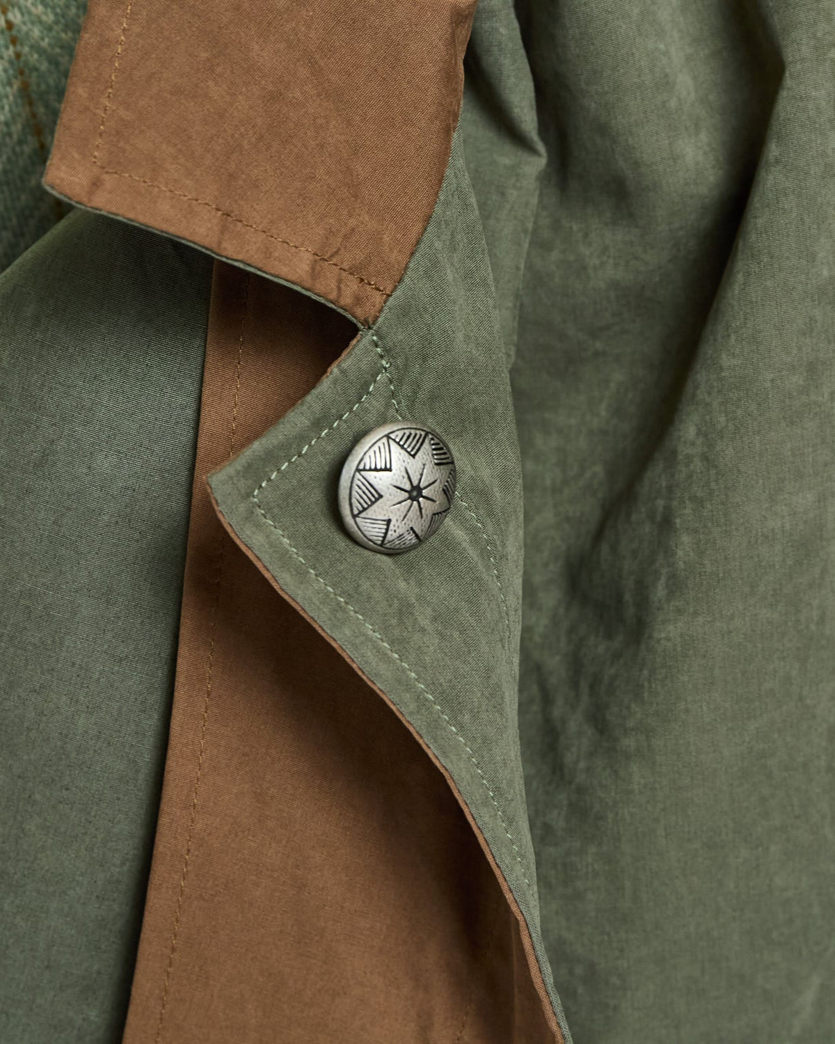 Close-up of a green coat with a brown collar and decorative button.