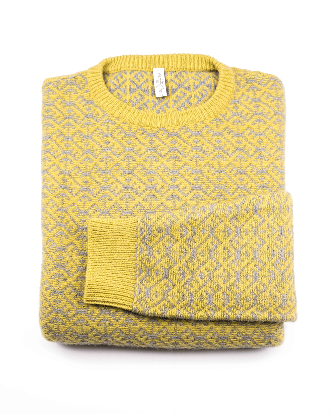 Merino Wool Sweater Yellow | Merino Crewneck Sweater |Product Shot | Front | Folded Merino Sweater | Grey Detail | Merino Wool | Outdoor Merino Knitwear |