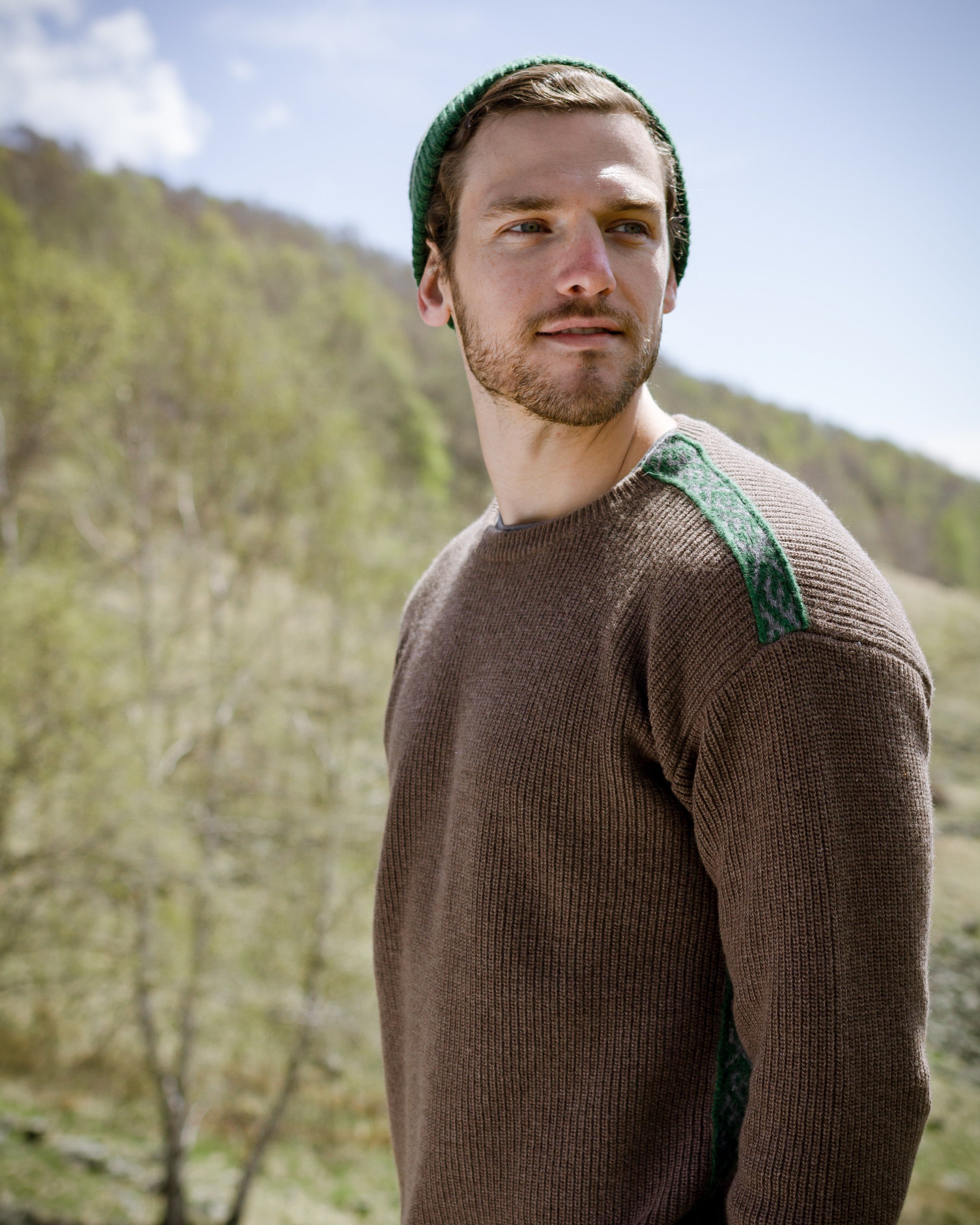 Merino Wool Sweater Brown | Merino Crewneck Sweater | Shoulder Detail | Model Shot | Front | Folded Merino Sweater | Green Detail | Fit |