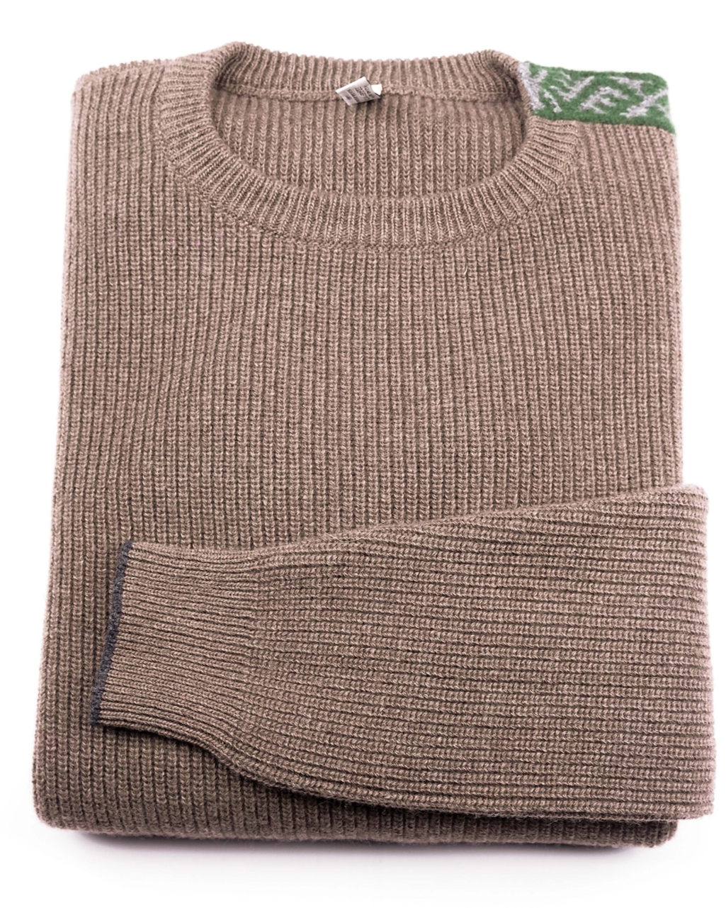 Merino Wool Sweater Brown | Merino Crewneck Sweater | Shoulder Detail | Product Shot | Front | Folded Merino Sweater | Green Detail | Merino Wool | Outdoor Merino Knitwear |