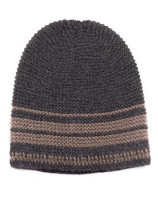 Merino Wool beanie | Knitwear | Sustainable | Nature | Cruelty-free outerwear | Dark grey | Brown stripes | Product shot