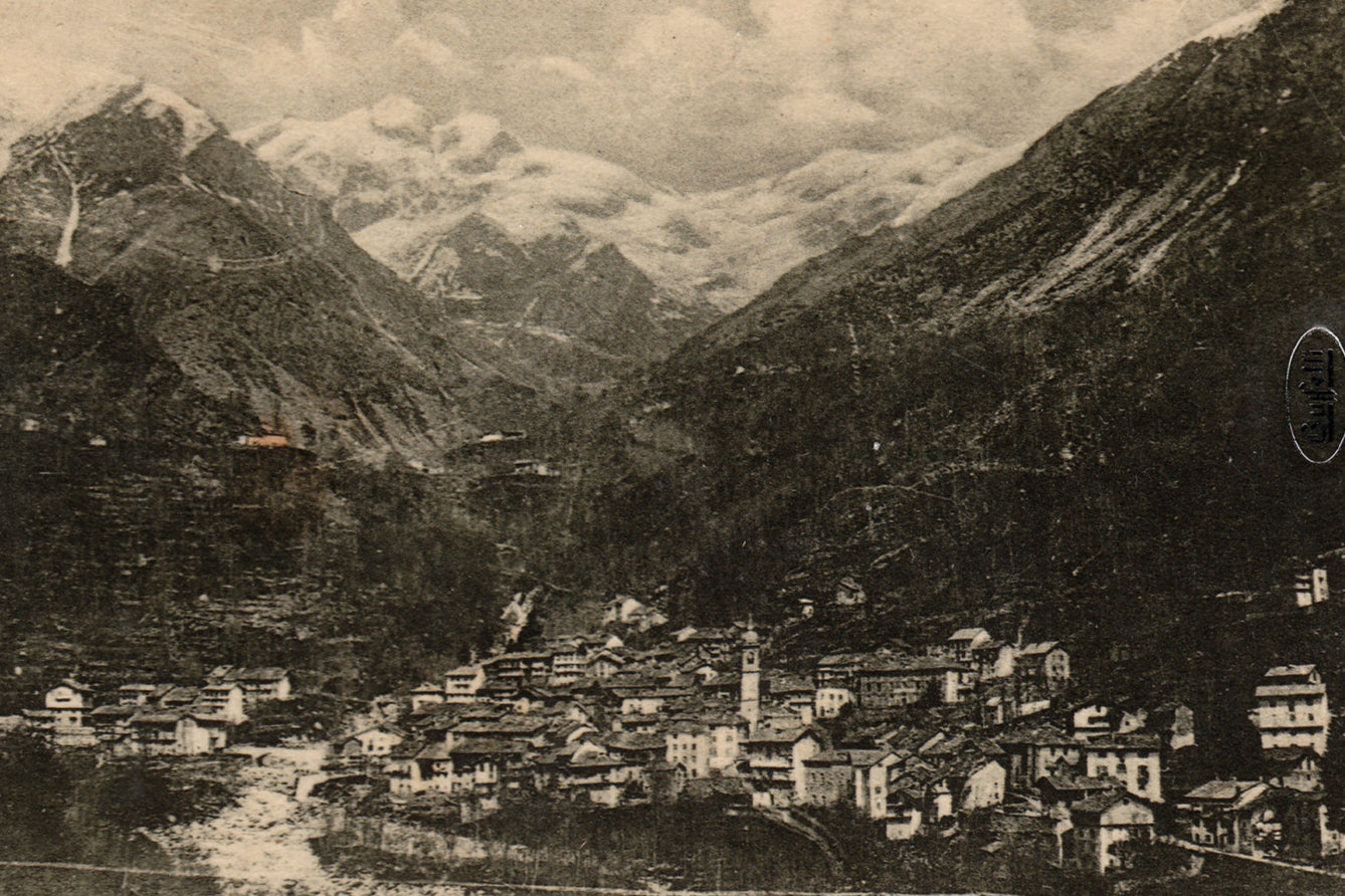 Vintage panoramic view of Piedicavallo with mountains in the background