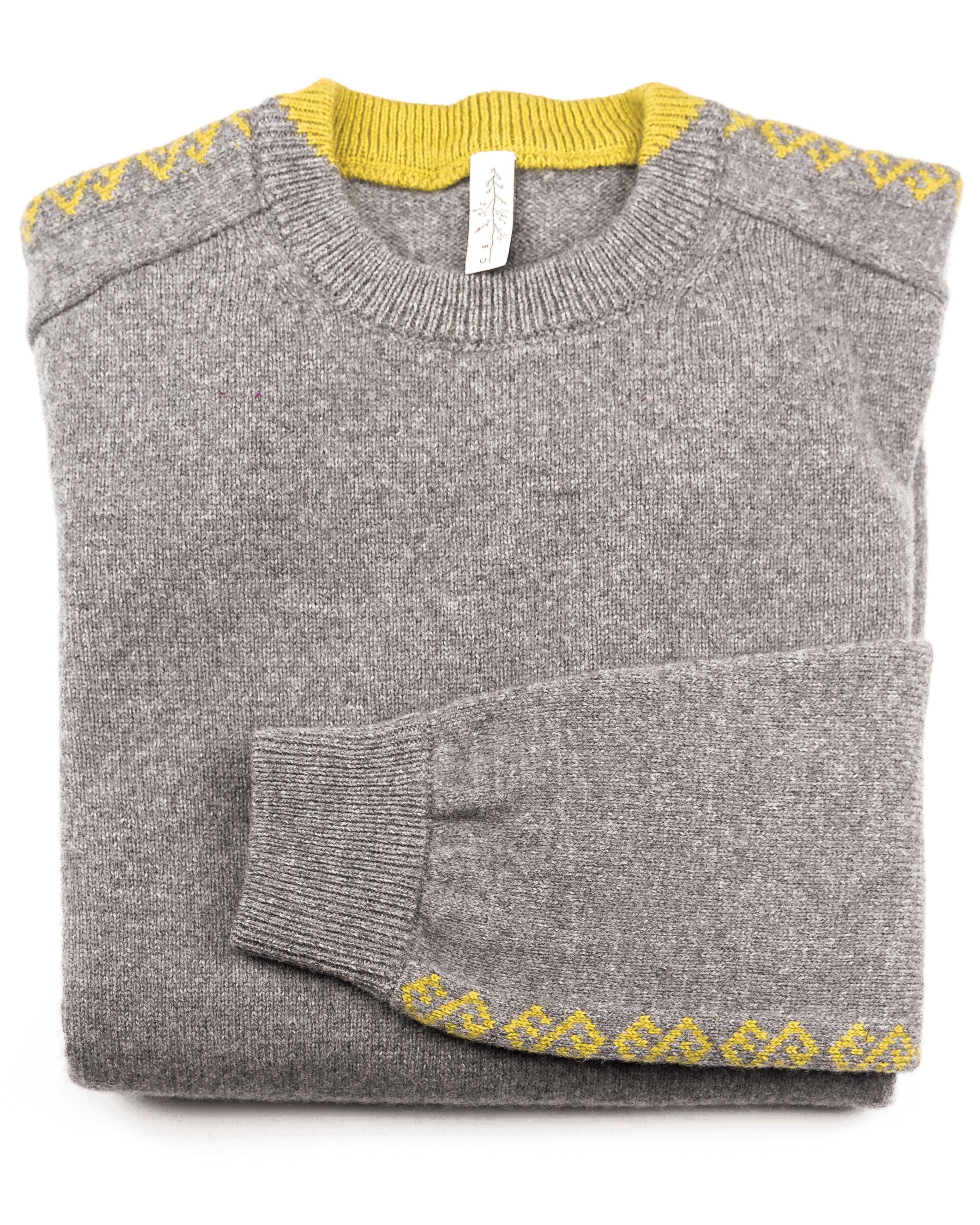 Crew Neck Sweater in Merino Wool Blue | Grey and Yellow Crew Neck| Product Picture | Front Shot | Folded Merino Wool Crew Neck | 