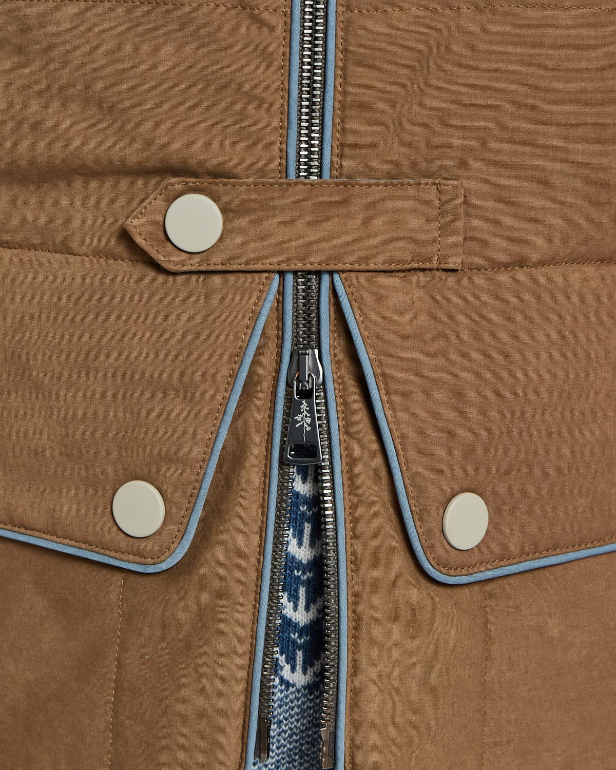 Close-up of a brown jacket with a zipper and button details