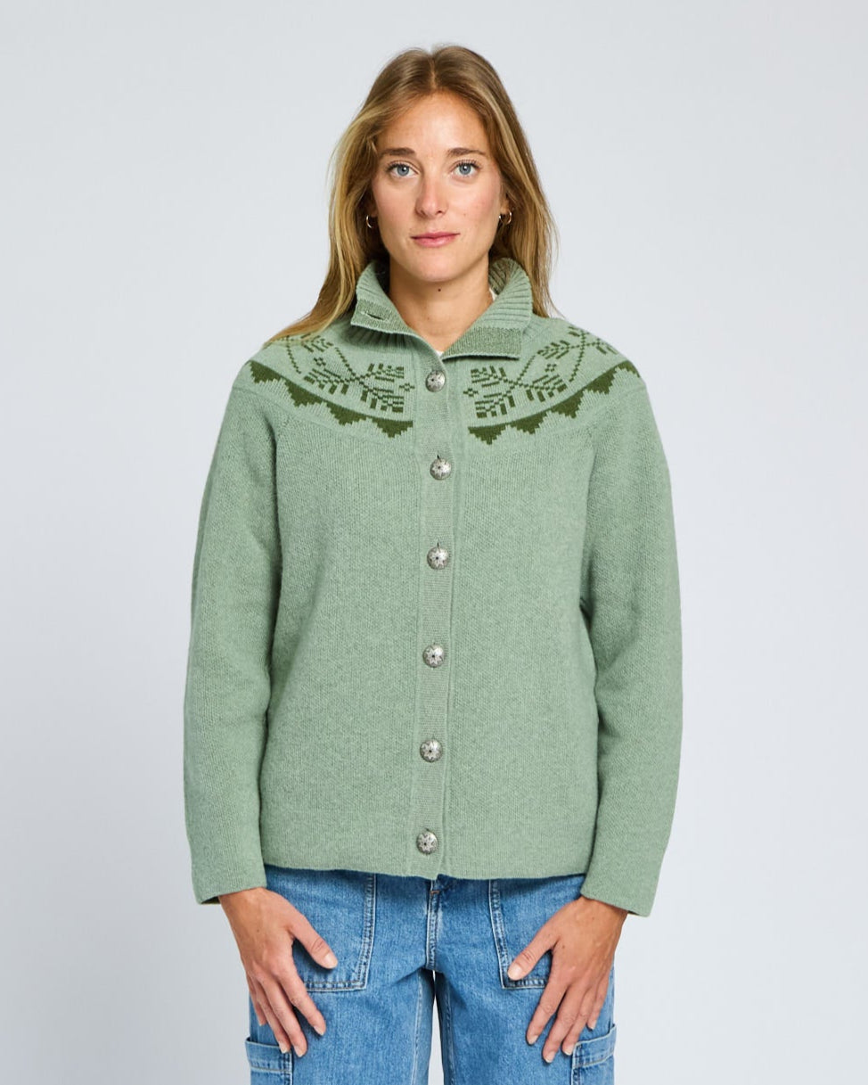 Woman wearing a green jacket with embroidery on a gray background