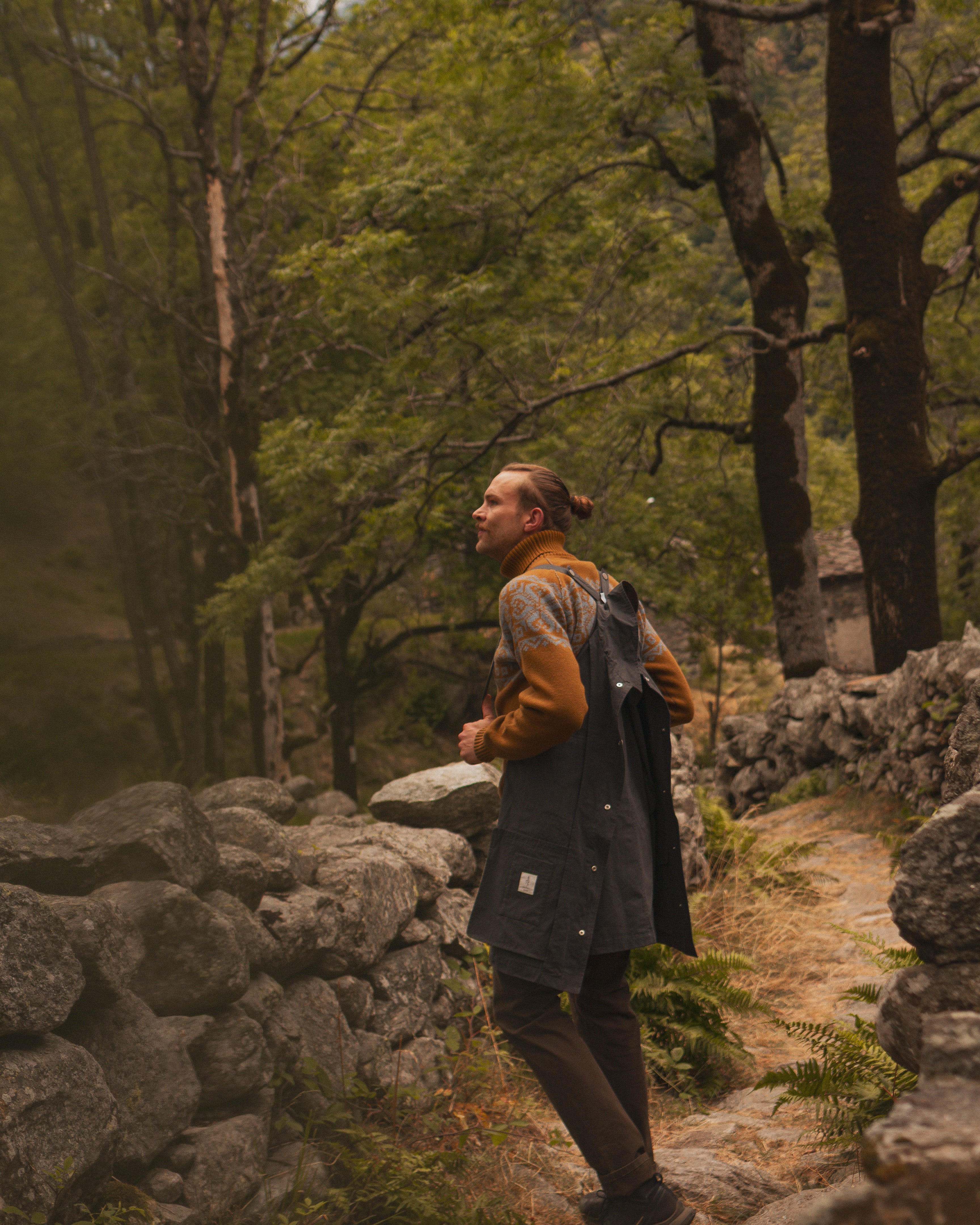 Person standing on a stone path in a forest