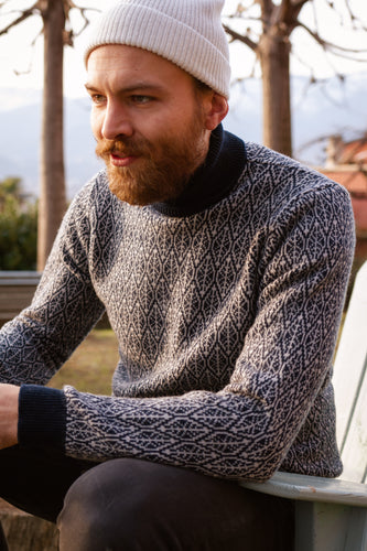 Merino Wool Sweater | Turtleneck | Blue and Grey | Leaf Pattern | Runes | Sustainable | Nature | Emotional Shot | Outdoor Shot 