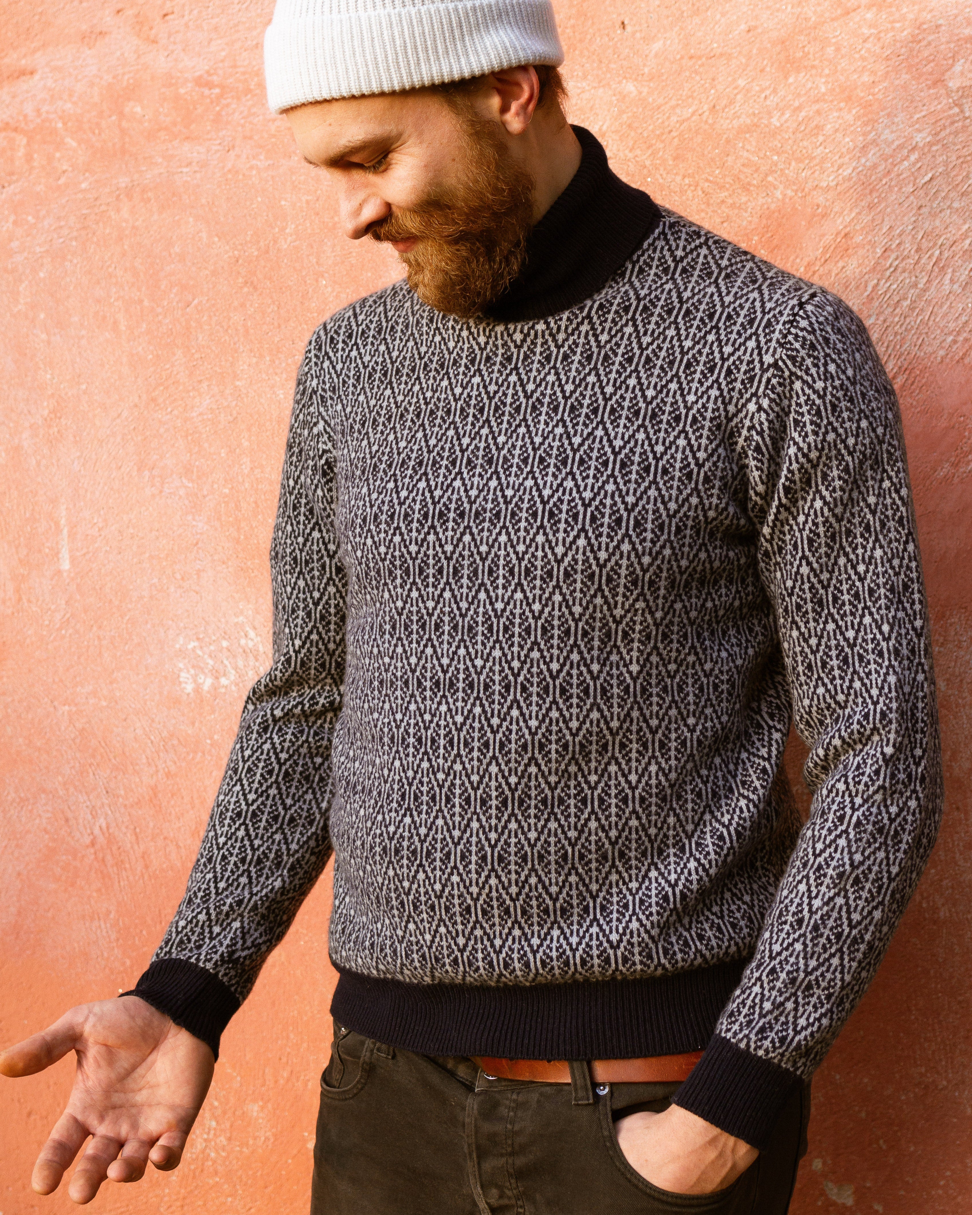 Merino Wool Sweater | Turtleneck | Blue and Grey | Leaf Pattern | Runes | Sustainable | Nature | Emotional Shot | Outdoor Shot 