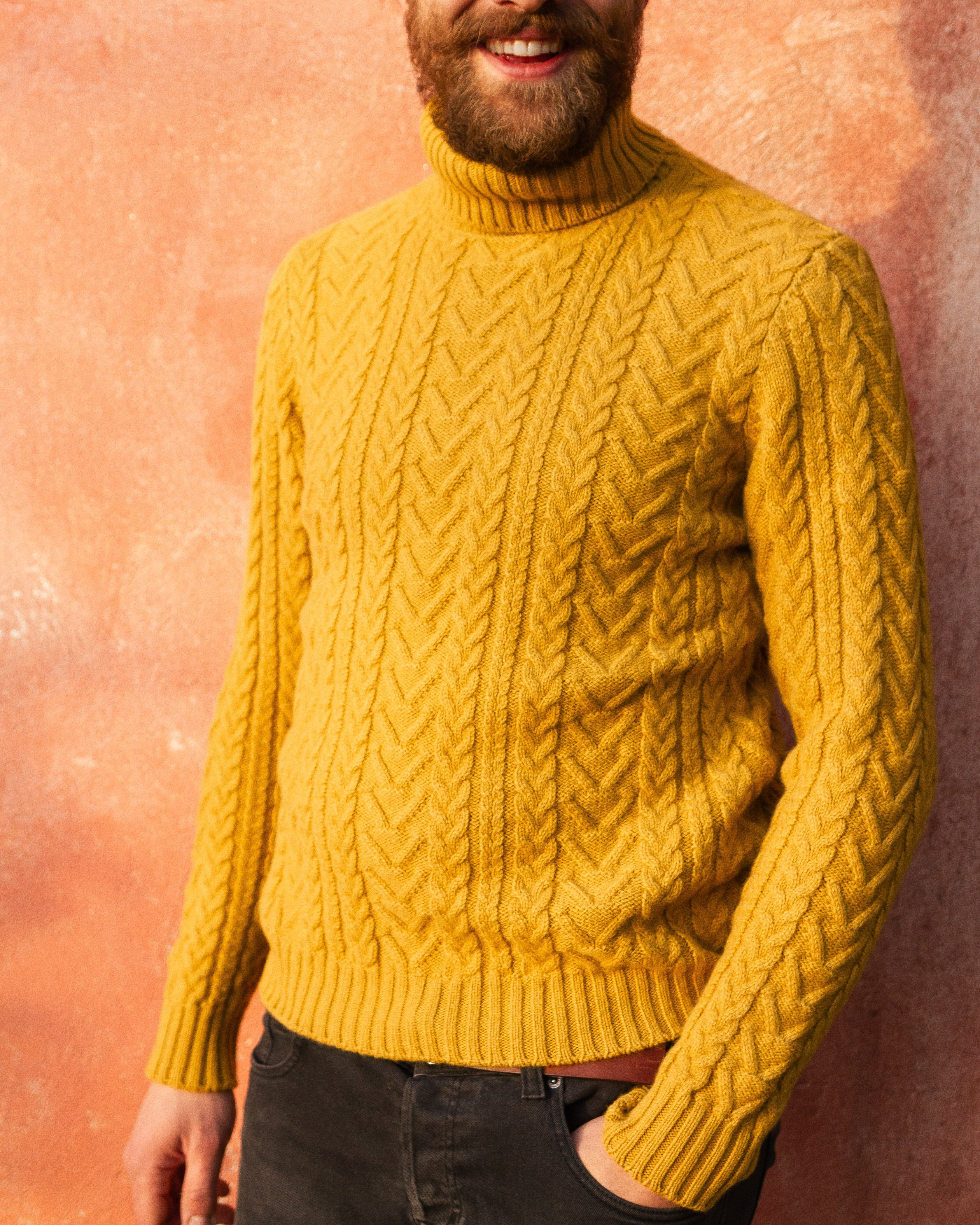 Merino Wool Sweater | Turtleneck | Fisherman Sweater | Yellow | Sustainable | Nature | Emotional Shot | Outdoor Shot | Smiling