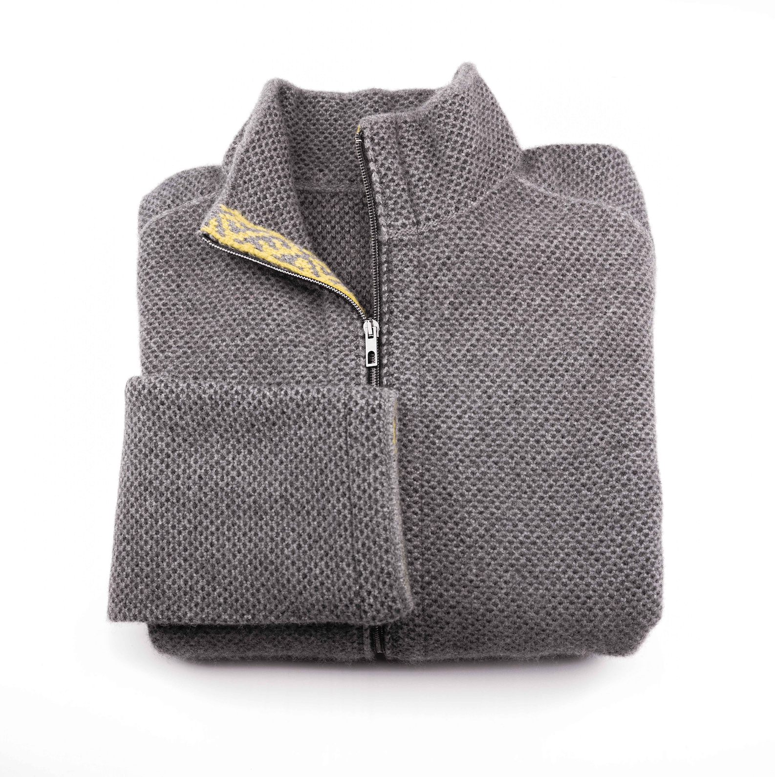 Merino Wool Sweater Grey | Merino Zip Sweater | Product Shot | Front | Folded Merino Sweater | Yellow Detail | Merino Wool | Outdoor Merino Knitwear |
