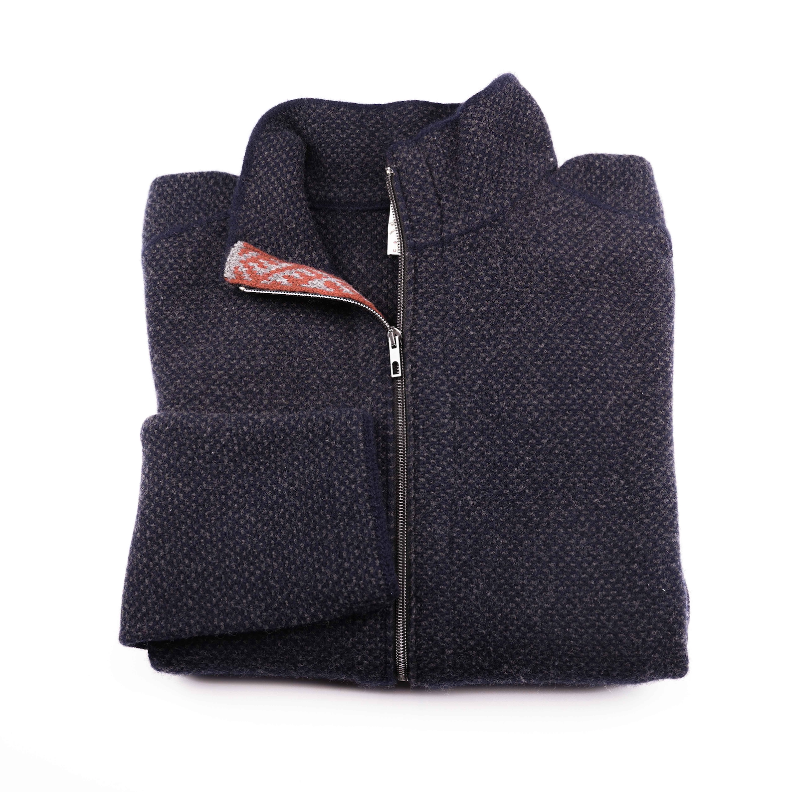 Merino Wool Sweater Blue | Merino Zip Sweater | Product Shot | Front | Folded Merino Sweater | Red Detail | Merino Wool | Outdoor Merino Knitwear |
