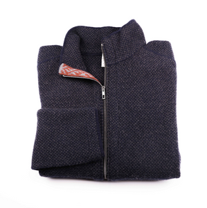 Merino Wool Sweater Blue | Merino Zip Sweater | Product Shot | Front | Folded Merino Sweater | Red Detail | Merino Wool | Outdoor Merino Knitwear |
