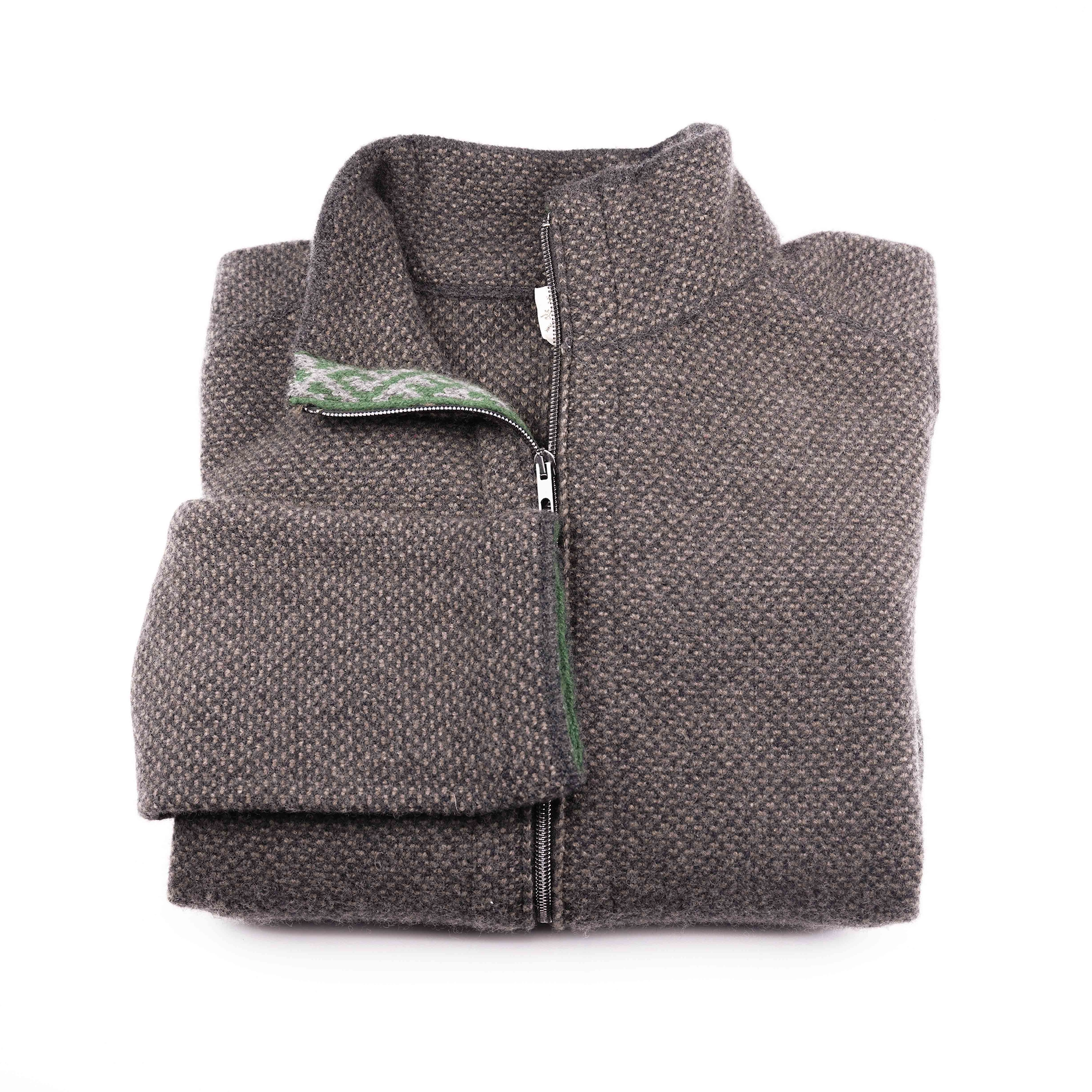 Merino Wool Sweater Brown | Merino Zip Sweater | Product Shot | Front | Folded Merino Sweater | Green Detail | Merino Wool | Outdoor Merino Knitwear |
