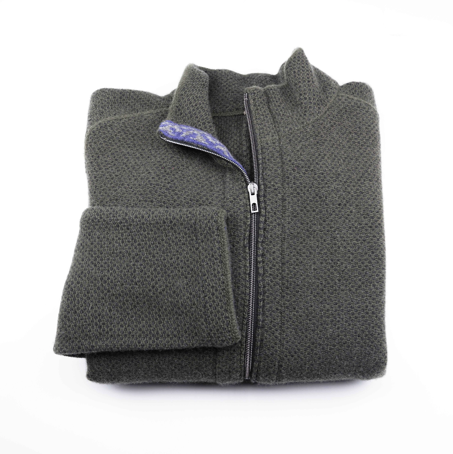 Merino Wool Sweater Green | Merino Zip Sweater | Product Shot | Front | Folded Merino Sweater | Purple Detail | Merino Wool | Outdoor Merino Knitwear |
