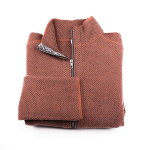 Merino Wool Sweater Red | Merino Zip Sweater | Product Shot | Front | Folded Merino Sweater | Grey Detail | Merino Wool | Outdoor Merino Knitwear |
