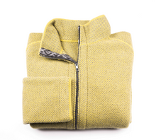 Load image into Gallery viewer, Merino Wool Sweater Yellow | Merino Zip Sweater | Product Shot | Front | Folded Merino Sweater | Grey Detail | Merino Wool | Outdoor Merino Knitwear |

