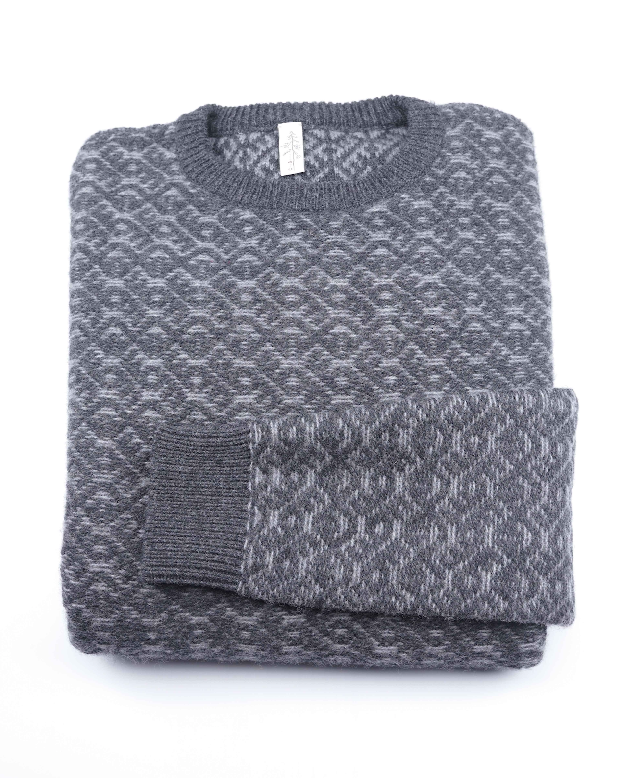Merino Wool Sweater Grey | Merino Crewneck Sweater |Product Shot | Front | Folded Merino Sweater | Black Detail | Merino Wool | Outdoor Merino Knitwear |

