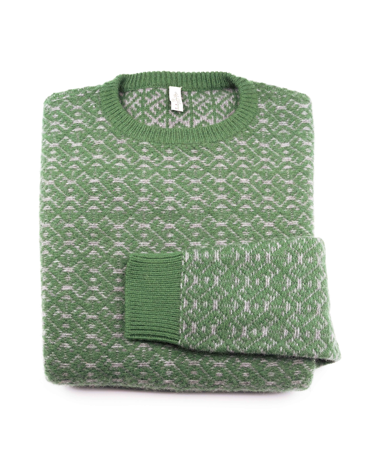 The Cima Bianca NIK - Wool Crewneck Sweater with Intarsia (U002) is a folded green 100% wool sweater with a gray geometric pattern, ribbed neckline and cuffs, displayed on a white background.