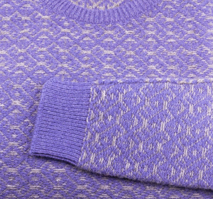 Merino Wool Sweater Purple | Merino Crewneck Sweater | Product Shot | Front | Folded Merino Sweater | Grey Detail | Purple Detail | Merino Wool | Outdoor Merino Knitwear | Detail Shot | Lilac Knitwear |
