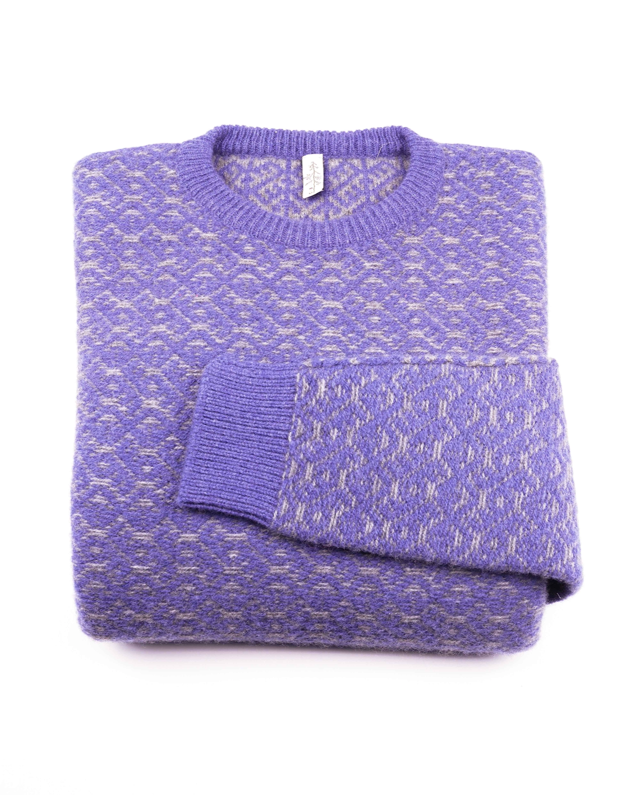 Merino Wool Sweater Purple | Merino Crewneck Sweater | Product Shot | Front | Folded Merino Sweater | Grey Detail | Merino Wool | Outdoor Merino Knitwear |
