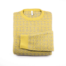 Load image into Gallery viewer, Merino Wool Sweater Yellow | Merino Crewneck Sweater |Product Shot | Front | Folded Merino Sweater | Grey Detail | Merino Wool | Outdoor Merino Knitwear |
