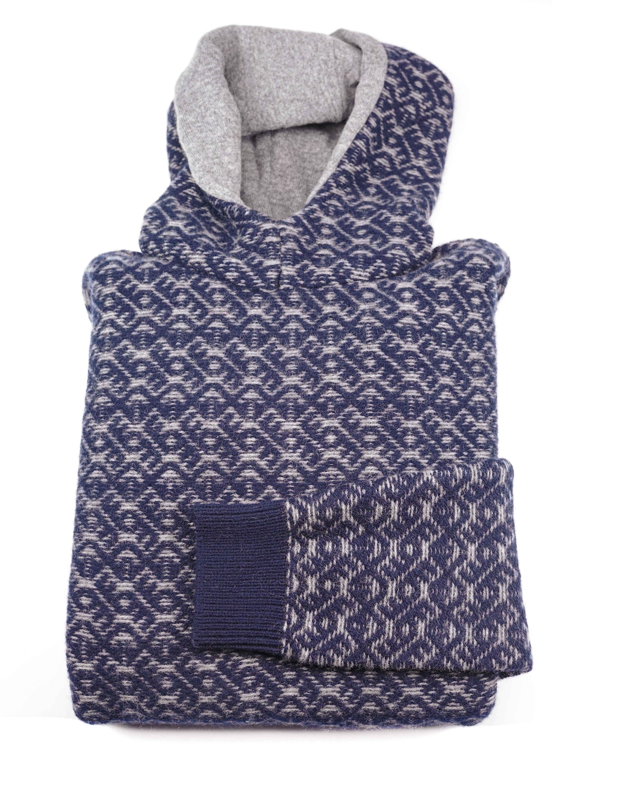A folded blue and gray Cima Bianca HANSEL wool hoodie with geometric intarsia (U003), featuring a contrasting gray hood lining. The sleeve is neatly placed across the front.