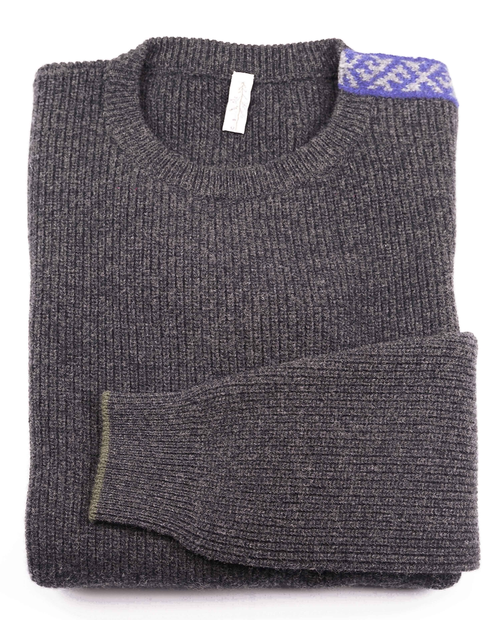 Merino Wool Sweater Grey | Merino Crewneck Sweater | Shoulder Detail | Product Shot | Front | Folded Merino Sweater | Purple Detail | Merino Wool | Outdoor Merino Knitwear |
