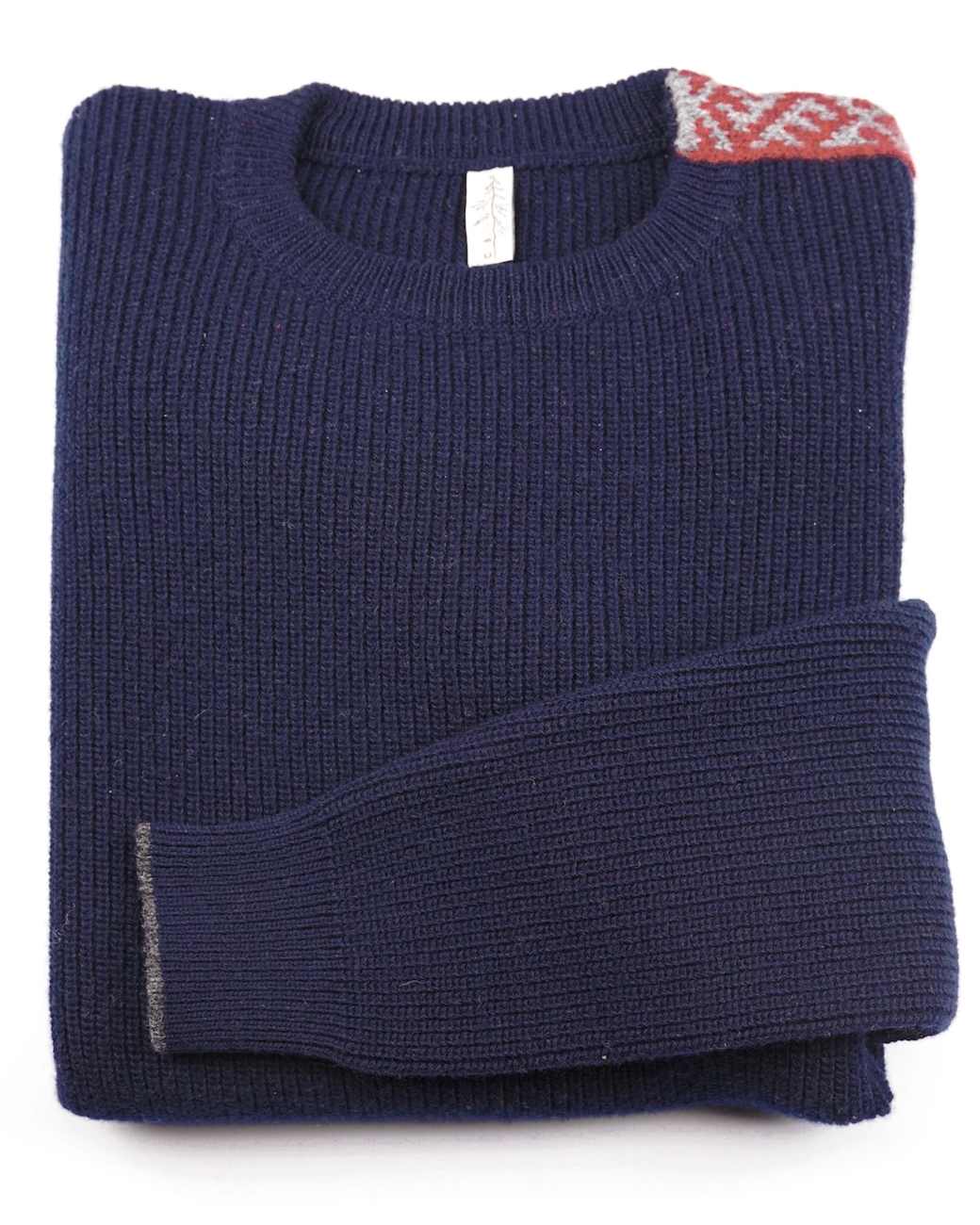 Merino Wool Sweater Blue | Merino Crewneck Sweater | Shoulder Detail | Product Shot | Front | Folded Merino Sweater | Red Detail | Merino Wool |