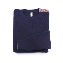 Load image into Gallery viewer, Merino Wool Sweater Blue | Merino Crewneck Sweater | Shoulder Detail | Product Shot | Front | Folded Merino Sweater | Red Detail | Merino Wool |
