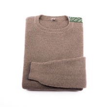 Load image into Gallery viewer, Merino Wool Sweater Brown | Merino Crewneck Sweater | Shoulder Detail | Product Shot | Front | Folded Merino Sweater | Green Detail | Merino Wool | Outdoor Merino Knitwear |
