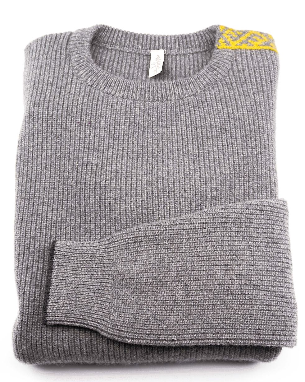 Merino Wool Sweater Grey | Merino Crewneck Sweater | Shoulder Detail | Product Shot | Front | Folded Merino Sweater | Yellow Detail | Merino Wool |