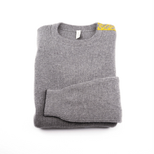 Load image into Gallery viewer, Merino Wool Sweater Grey | Merino Crewneck Sweater | Shoulder Detail | Product Shot | Front | Folded Merino Sweater | Yellow Detail | Merino Wool |
