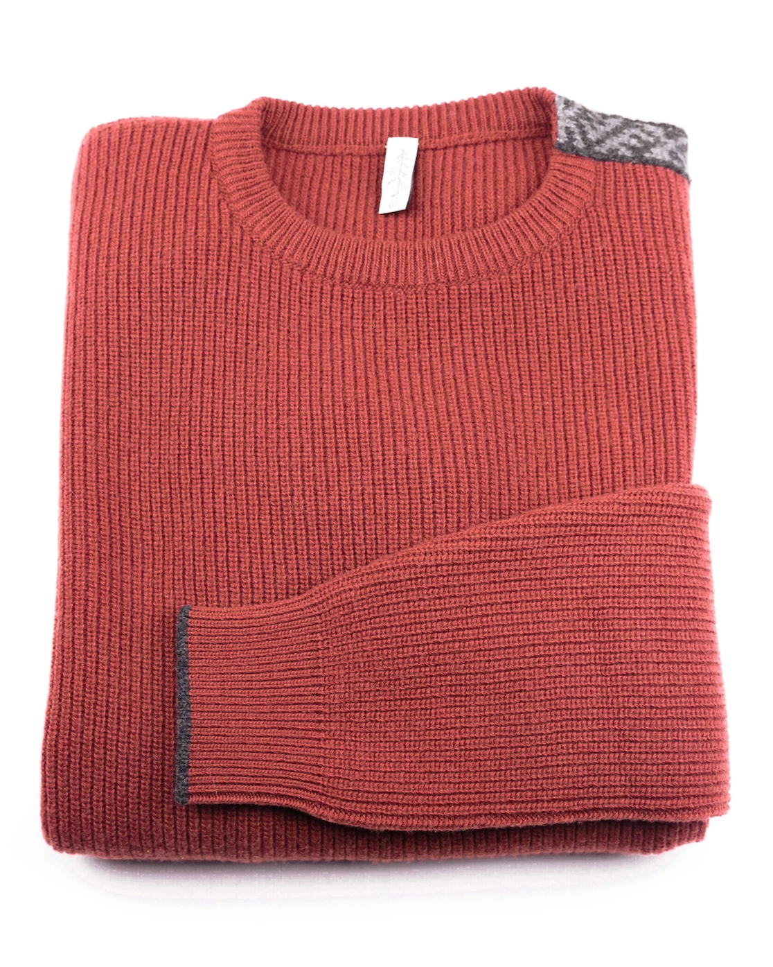 Merino Wool Sweater Red | Merino Crewneck Sweater | Shoulder Detail | Product Shot | Front | Folded Merino Sweater | Grey Detail | Merino Wool | Outdoor Merino Knitwear |