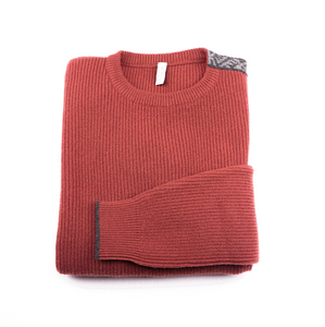 Merino Wool Sweater Red | Merino Crewneck Sweater | Shoulder Detail | Product Shot | Front | Folded Merino Sweater | Grey Detail | Merino Wool | Outdoor Merino Knitwear |
