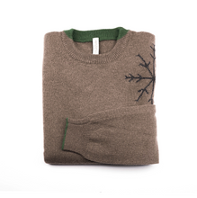 Load image into Gallery viewer, Merino Wool Sweater Brown | Merino Crewneck Sweater | Snowflake Detail | Product Shot | Front | Folded Merino Sweater | Green Detail | 
