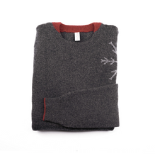 Load image into Gallery viewer, Merino Wool Sweater Grey | Merino Crewneck Sweater | Snowflake Detail | Product Shot | Front | Folded Merino Sweater | Red Detail | 
