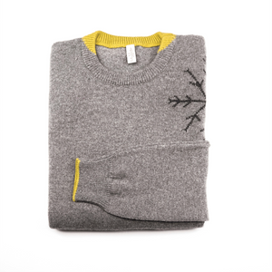 Merino Wool Sweater Grey | Merino Crewneck Sweater | Snowflake Detail | Product Shot | Front | Folded Merino Sweater | Yellow Detail | 