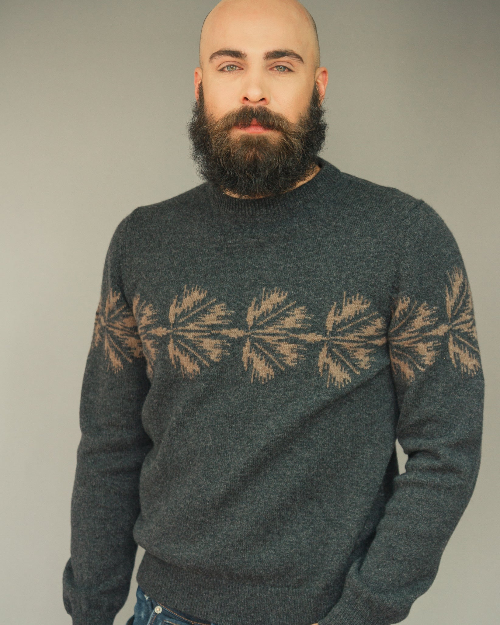 Merino Wool Crewneck Sweater | Mock neck | Sustainable | Nature | Cruelty-free outerwear | Grey and Brown