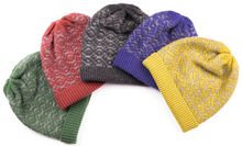 Load image into Gallery viewer, Merino Wool Hat | Merino Wool Beanie | Product Shot | Front | Folded Merino Wool Beanie | Grey Detail | Blue Detail | Purple Detail | Yellow Detail | Red Detail | Green Detail | Merino Wool | Outdoor Merino Knitwear | 

