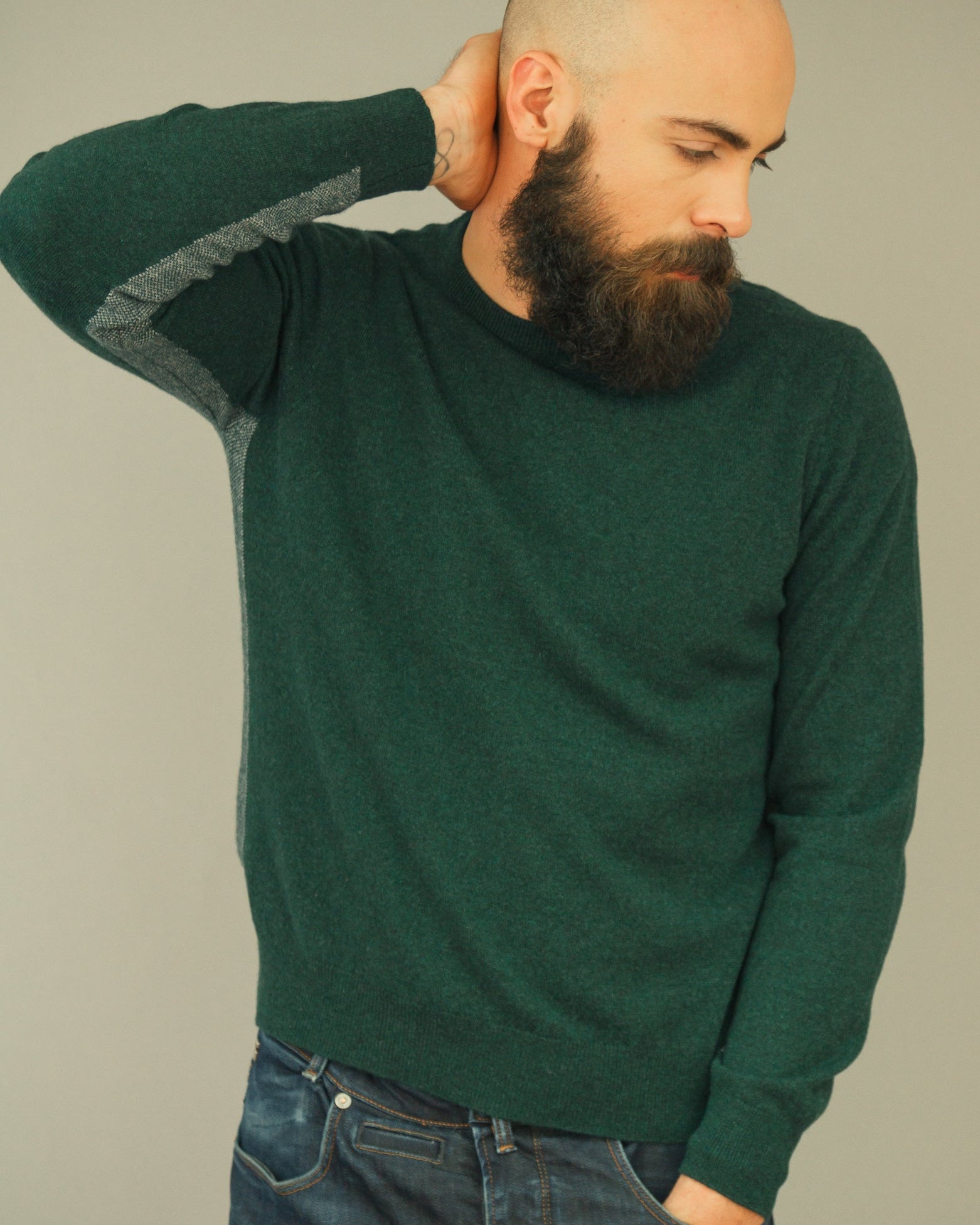 Merino Wool Crewneck Sweater | Mock neck | Sustainable | Nature | Cruelty-free outerwear | Green and Grey